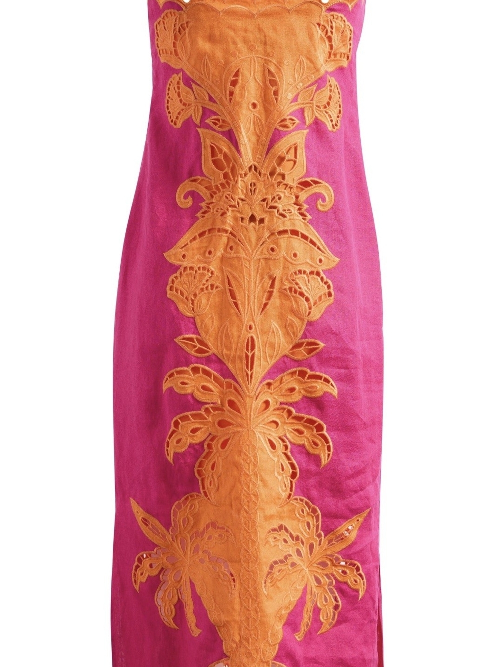 FARM Rio Pink Orange Cutwork Sleeveless Linen Midi Dress - Picture 4 of 5